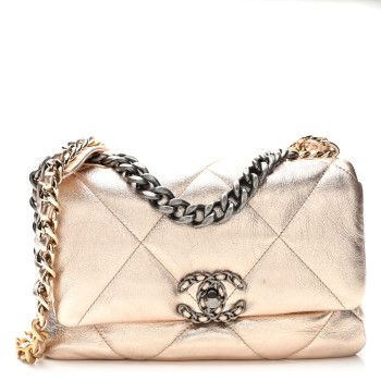 CHANEL Metallic Lambskin Quilted Medium Chanel 19 Flap Gold