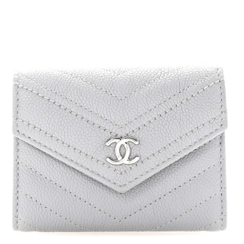 CHANEL Caviar Chevron Quilted Card Holder Flap Wallet Grey