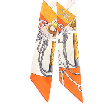 HERMES Silk Cliquetis Twilly  Orange White Gold