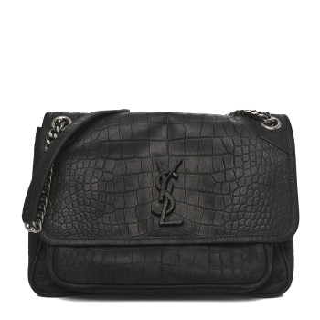 SAINT LAURENT Nubuck Crocodile Embossed Monogram Medium Niki Chain Satchel Black