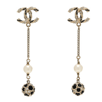 CHANEL Crystal Pearl CC Ball Chain Drop Earrings Gold Black