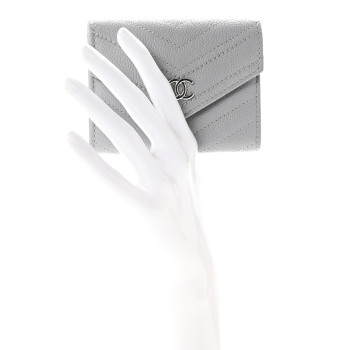 CHANEL Caviar Chevron Quilted Card Holder Flap Wallet Grey
