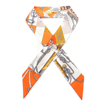 HERMES Silk Cliquetis Twilly  Orange White Gold