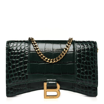 BALENCIAGA Shiny Calfskin Crocodile Embossed Hourglass Chain Bag Forest Green
