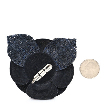CHANEL Tweed Fabric Camellia Pin Brooch Black