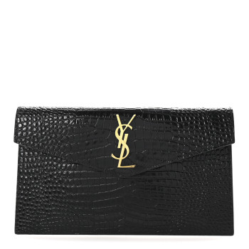 SAINT LAURENT Calfskin Crocodile Embossed Uptown Monogram Pouch Black