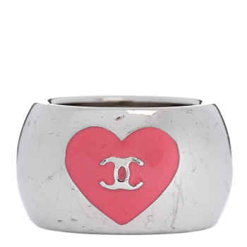 CHANEL Metal Enamel Valentine CC Ring 54 7 Silver Pink