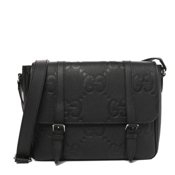 GUCCI Calfskin Jumbo GG Embossed Double Buckle Medium Messenger Bag Black