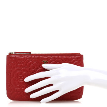 CHANEL Caviar Camellia Embossed Cosmetic Pouch Red