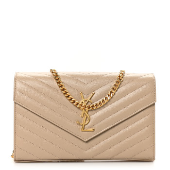 SAINT LAURENT Grain De Poudre Matelasse Chevron Monogram Chain Wallet Dark Beige