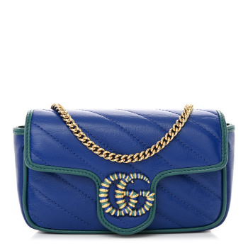 GUCCI Azalea Calfskin Enamel Matelasse Diagonal Super Mini Torchon GG Marmont Shoulder Bag Imperial Blue Pavone