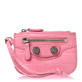 BALENCIAGA Calfskin Crocodile Embossed Crystal Le Cagole Coin Card Holder Sweet Pink