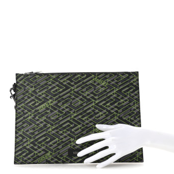 VERSACE Coated Canvas La Greca Signature Pouch Black Green