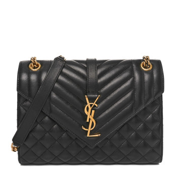 SAINT LAURENT Lambskin Mixed Matelasse Triquilt Medium Monogram Satchel Black