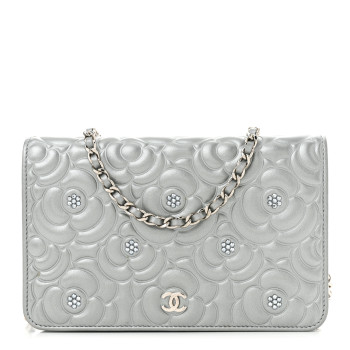 CHANEL Metallic Lambskin Camellia Crystal Wallet on Chain WOC Silver