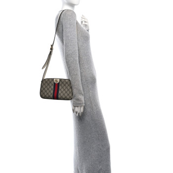 GUCCI GG Supreme Monogram Textured Calfskin Web Small Ophidia Camera Bag Beige Ebony Mystic White