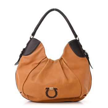 SALVATORE FERRAGAMO Calfskin Gancini Stitched Hobo Tan