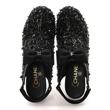 CHANEL Grosgrain Beaded Bow Slingback Boots 38.5 Black