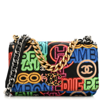 CHANEL Fabric Printed Chanel 19 Wallet On Chain WOC Black Multicolor