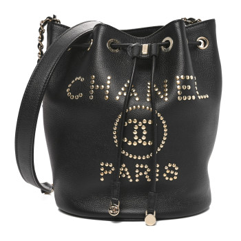 CHANEL Caviar Deauville Drawstring Bucket Bag Black