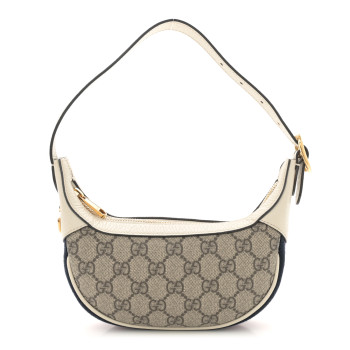 GUCCI GG Supreme Monogram Textured Dollar Calfskin Web Mini Ophidia Half Moon Hobo Beige Ebony Mystic White