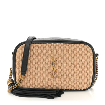 SAINT LAURENT Raffia Canvas Monogram Mini Lou Camera Bag Beige Black
