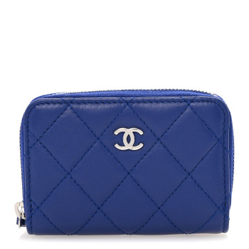 CHANEL Lambskin Quilted Zip Around Coin Purse Wallet Blue