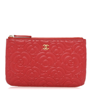 CHANEL Caviar Camellia Embossed Cosmetic Pouch Red