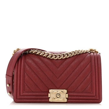 CHANEL Caviar Chevron Quilted Medium Boy Flap Red