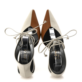 GUCCI Soft Nappa Priscilla Ankle Cuff Pumps 37.5 Mystic White Harness Brown