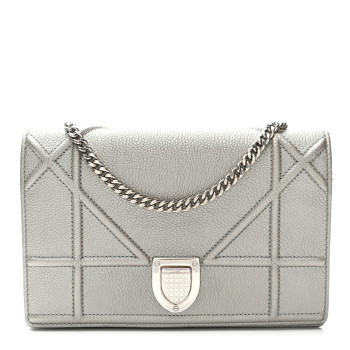 CHRISTIAN DIOR Metallic Grained Calfskin Diorama Wallet on Chain Pouch Silver