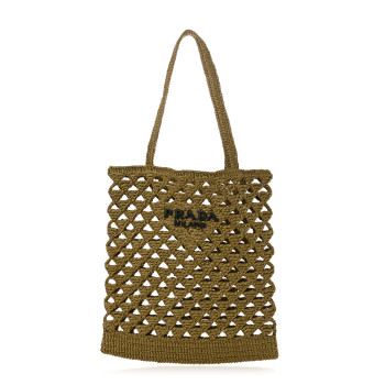 PRADA Yarn Raffia Effect Embroidered Logo Tote Oliva