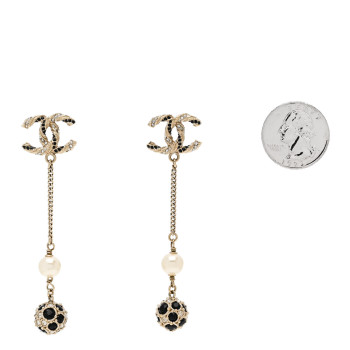 CHANEL Crystal Pearl CC Ball Chain Drop Earrings Gold Black