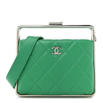 CHANEL Quilted Lambskin Metal Bar Clutch Bag Green