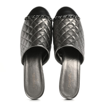 CHANEL Iridescent Lambskin Quilted CC Chain Mules  40 Silver Black