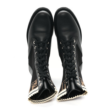 FENDI Calfskin Stretch Fabric Rockoko Biker Boots 38.5 Tobacco Black Marino