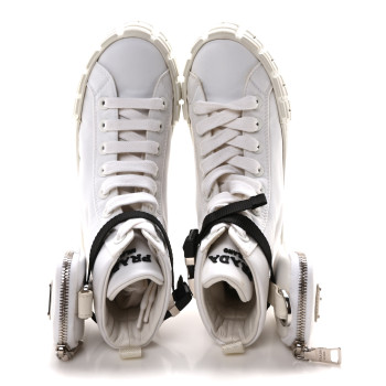 PRADA Re-Nylon Gabardine Metal Triangle Logo Wheel Pouch Pocket High Top Sneakers 35.5 White