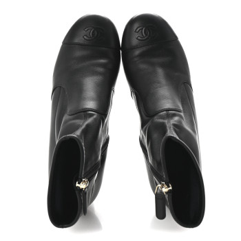 CHANEL Stretch Lambskin Cap Toe CC Short Boots 38.5 Black