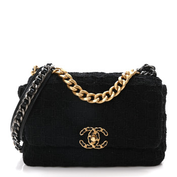 CHANEL Tweed Quilted Medium Chanel 19 Flap Black