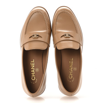 CHANEL Shiny Calfskin CC Moccasin Loafers 36 Brown