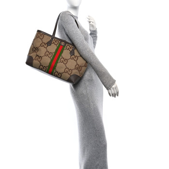 GUCCI Monogram Jumbo GG Textured Dollar Calfskin Web Medium Ophidia Shopping Tote Camel Ebony