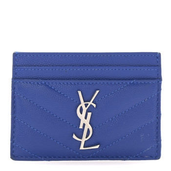 SAINT LAURENT Grain De Poudre Matelasse Chevron Credit Monogram Card Case Blue Majorelle