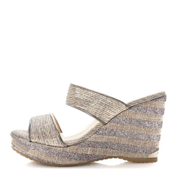 JIMMY CHOO Canvas Glitter Parker Wedge Sandals 40 Natural