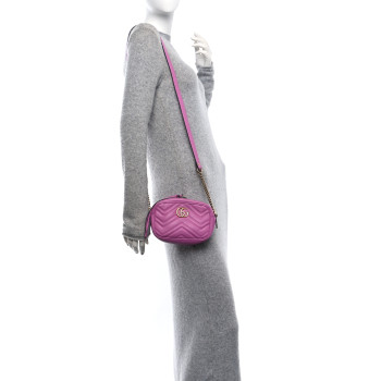 GUCCI Calfskin Matelasse Mini GG Marmont Chain Shoulder Bag Candy Mousse