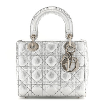 CHRISTIAN DIOR Metallic Grained Calfskin Cannage Small Lucky Badges My Lady Dior Silver
