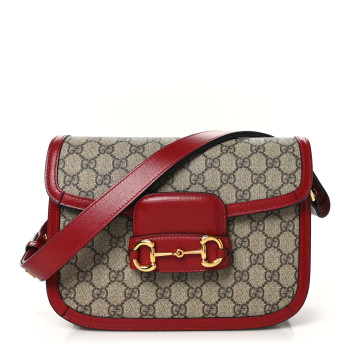 GUCCI GG Supreme Monogram Azalea Calfskin Horsebit 1955 Shoulder Bag Beige Ebony New Cherry Red