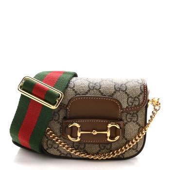 GUCCI GG Supreme Monogram Azalea Calfskin Web Horsebit 1955 Wallet On Strap Beige Ebony Brown Sugar