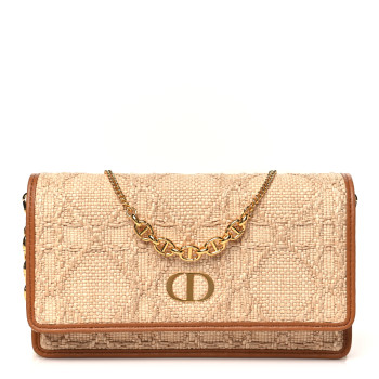 CHRISTIAN DIOR Raffia Macro Cannage Miss Caro Pouch With Chain Natural