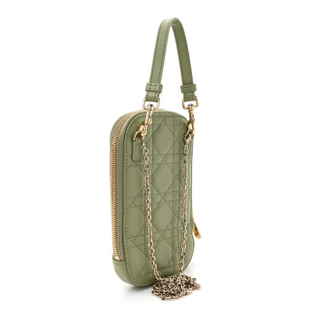 CHRISTIAN DIOR Lambskin Cannage Lady Dior Phone Holder Green