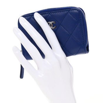 CHANEL Lambskin Quilted Zip Around Coin Purse Wallet Blue